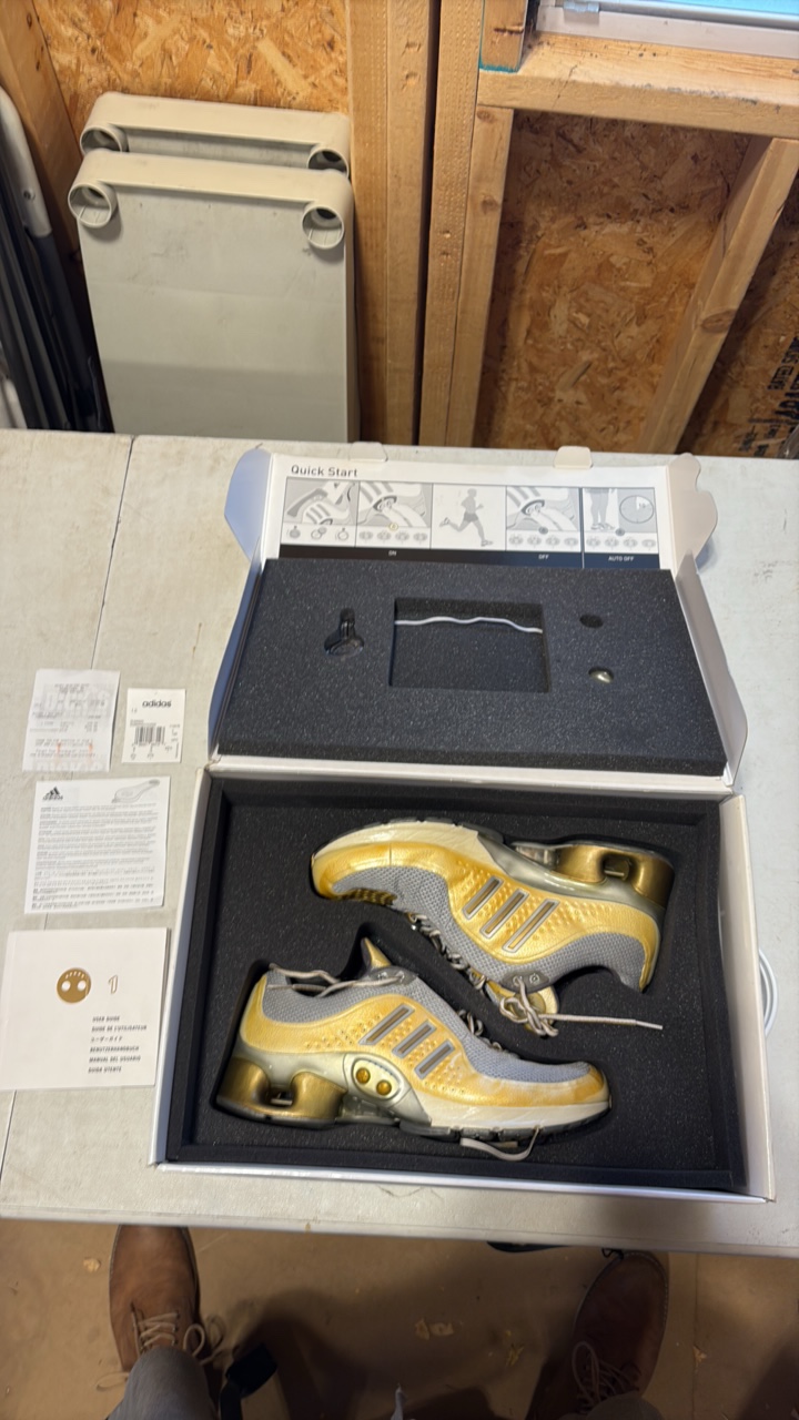 lot 140 image: RARE 1st ed., Adidas Shoes-1 Pearl, Metal Gold, MetSilver orig box