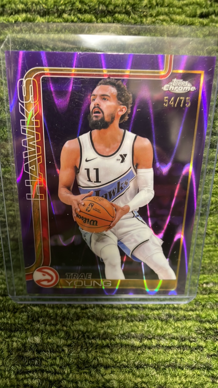 lot 124E image: 2025 Topps Chrome Trae Young purple wave numbered 75