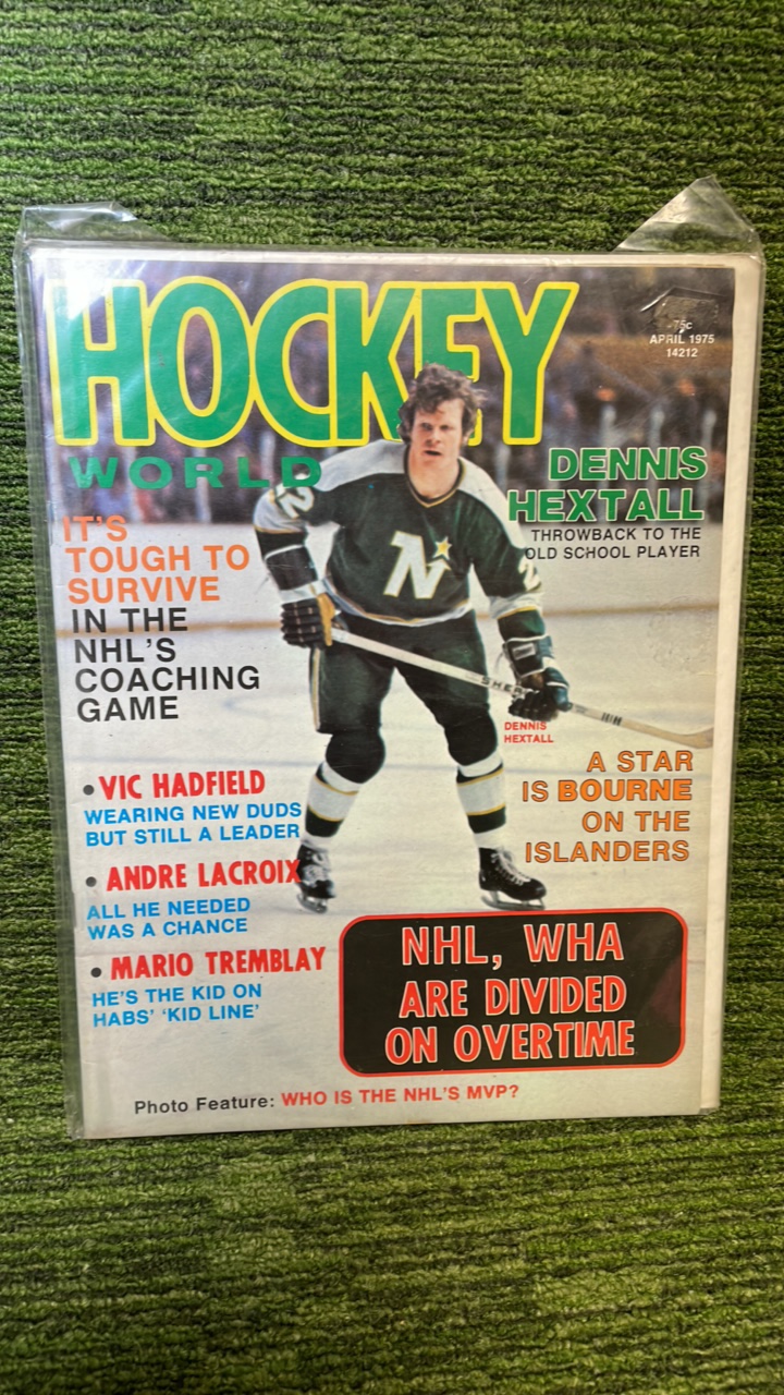 lot 167 image: 1975 April Hockey World Magazine with Dennis Hexall on cover, Minnesota North Stars