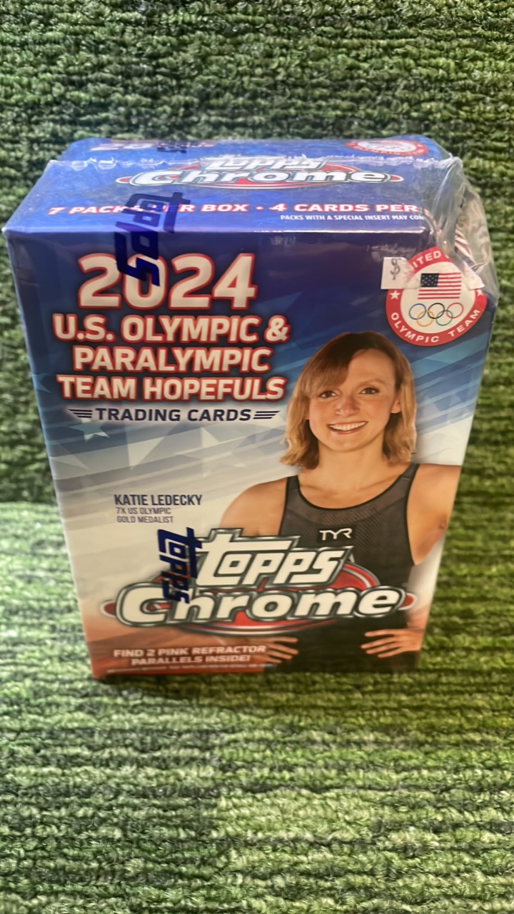 lot 17 image: 2024 Topps Chrome U.S.Olympic and Paralympic Team USA hopefuls Blaster Box of trading cards- 7 packs per box 4 cards per pack