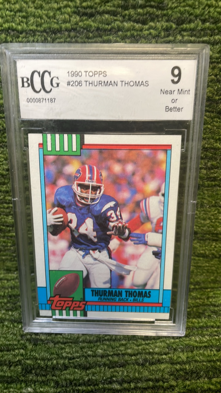 lot 251 image: 1990 Topps, Thurman Thomas BCCG 9 Buffalo Bills