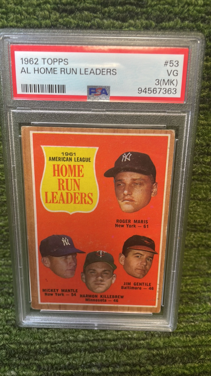 lot 253 image: 1962 Topps AL home run leaders Mantle, Maris, Killebrew PSA graded 3(MK)