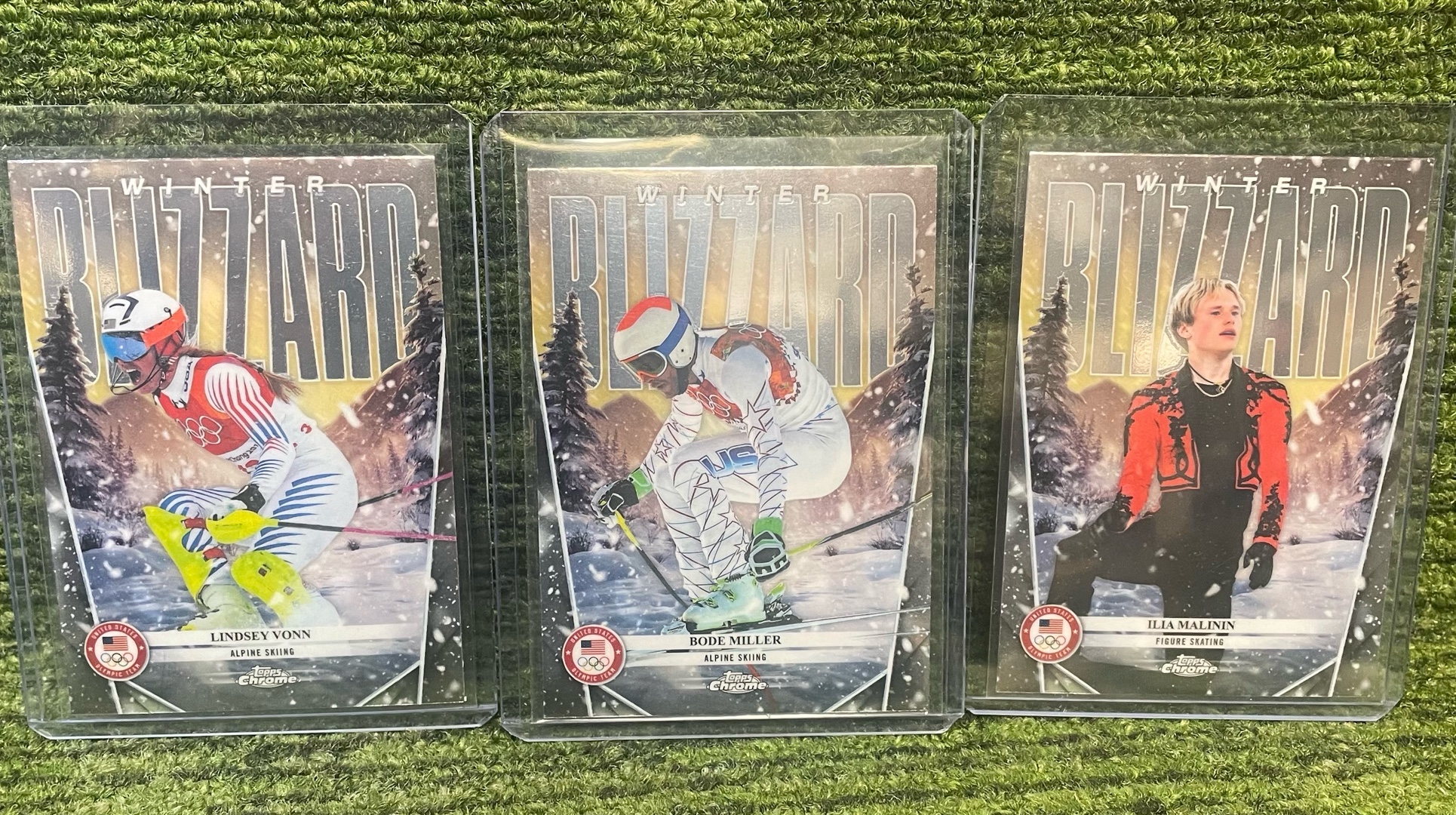 lot 44E image: 2026 Topps Chrome Winter Olympics, Lindsay Vaughn, Bode Miller, and Ilia Malinin- Winter Blizzard Insert Team USA