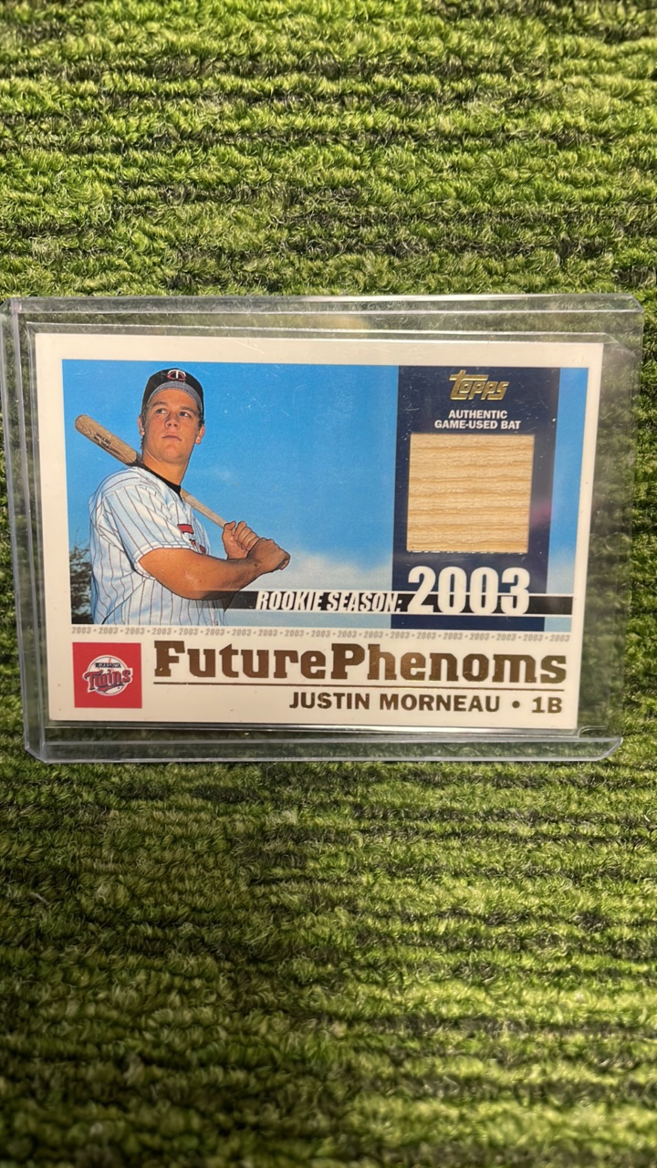 lot 80 image: 2003 Topps Justin Morneau Future phenoms authentic game used bat relic Minnesota Twins