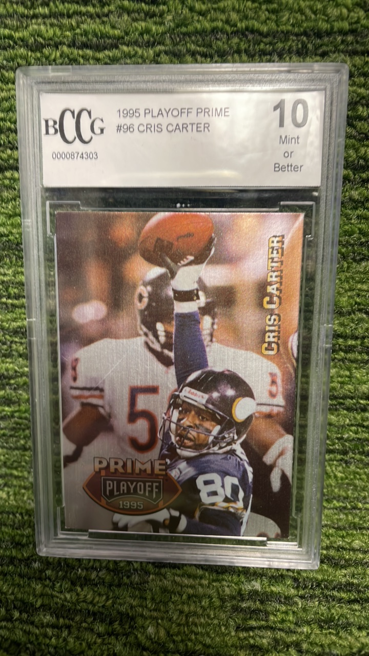 lot 86 image: 1995 Playoff Prime, Chris Carter BCCG graded 10 Minnesota Vikings