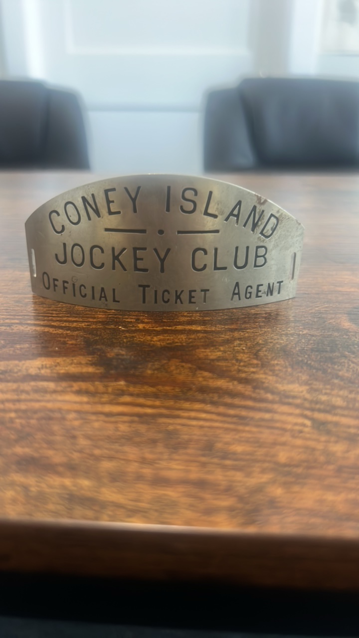 lot 100 image: antique Coney Island jockey club official ticket agent