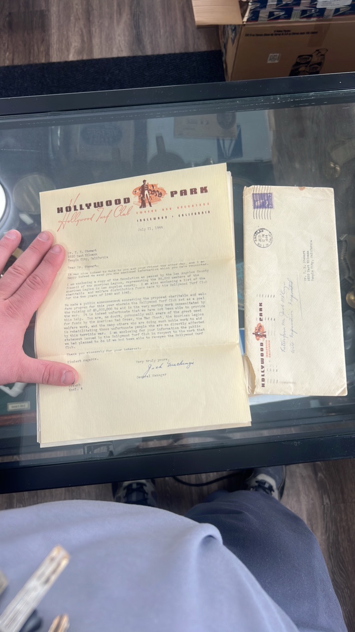 lot 144 image: 1944 wwii letter from General manager of Hollywood park to American legion