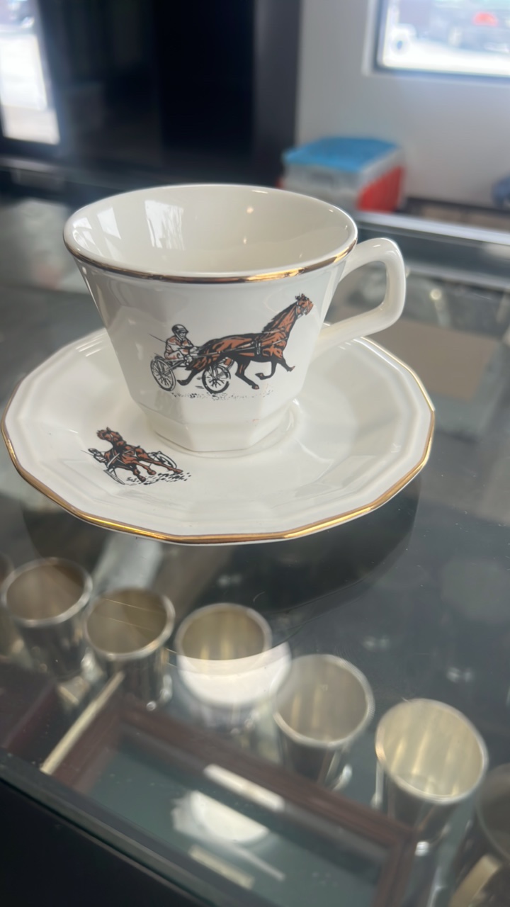 lot 145 image: horse racing themed tea cup and saucer