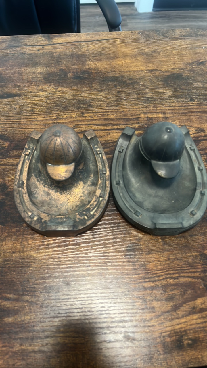 lot 21 image: 2 antique horse racing candle holders