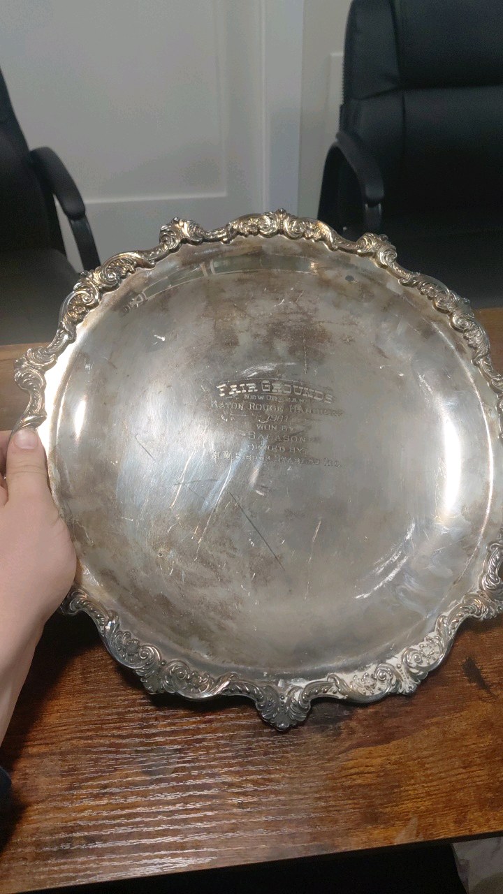 lot 60 image: 1961 baton Rouge fairgrounds silver plated platter trophy