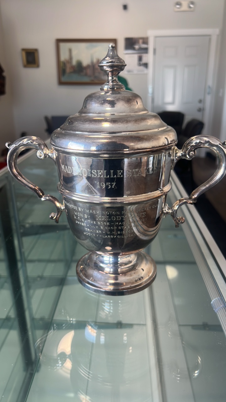 lot 74-1 image: 1957 horse racing trophy from mademoiselle stakes in Louisiana