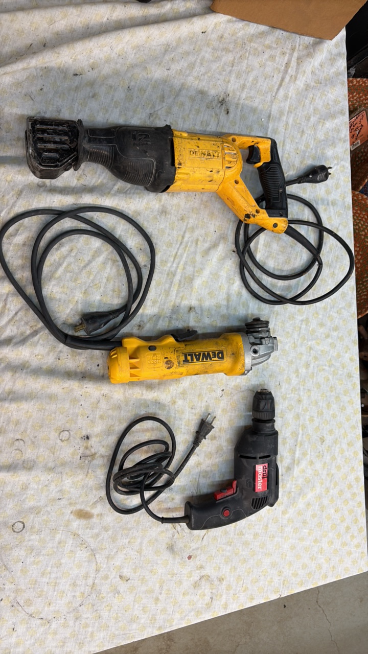 lot 122 image: DEWALT grinder and sawzall, and Drill Master drill
