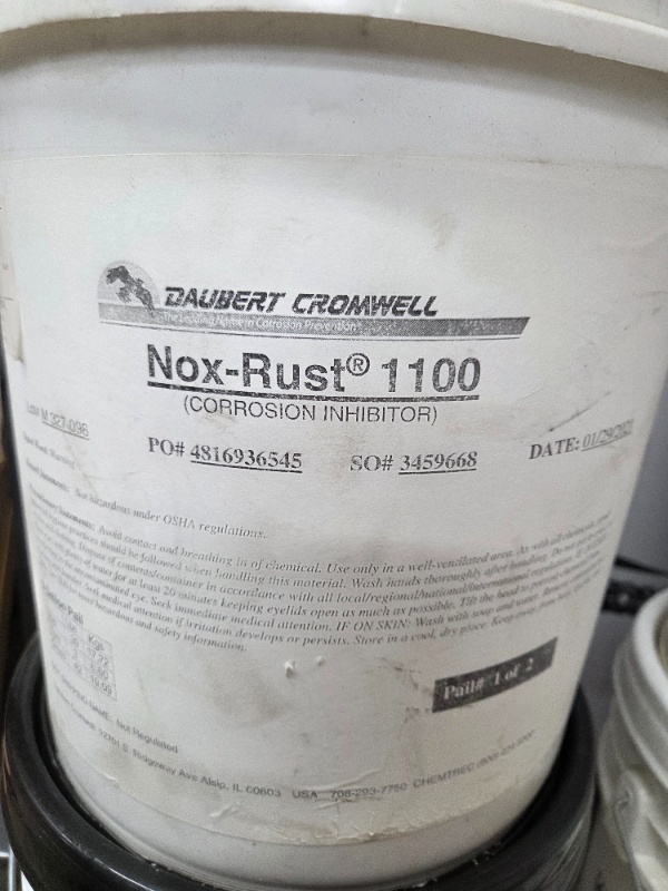 lot 103 image: Lot of 7 Industrial 5-Gallon Pails Daubert Cromwell Nox-Rust 1100 Corrosion Inhibitor and Chevron Journaltex HD 57 Lubricant