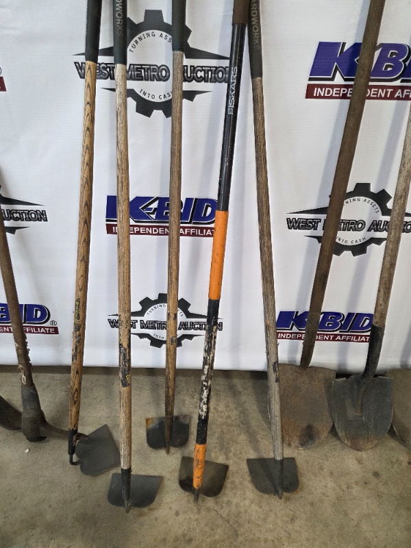 lot 19 image: Lot of 10 Garden Tools with Shovels, Hoes, and Pickaxe