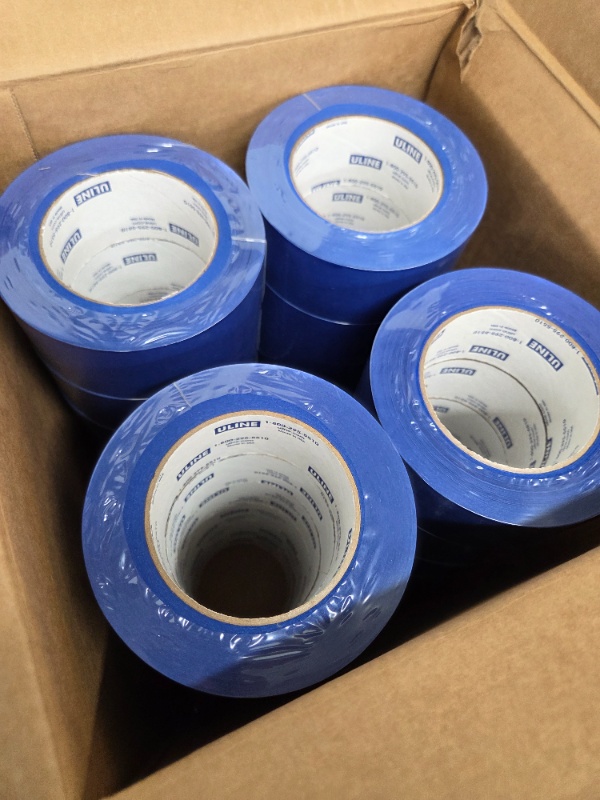 lot 73 image: 4 Cases of 24 Uline Painters Masking Tape Rolls 2 inch x 60 yds Blue - NEW IN BOX