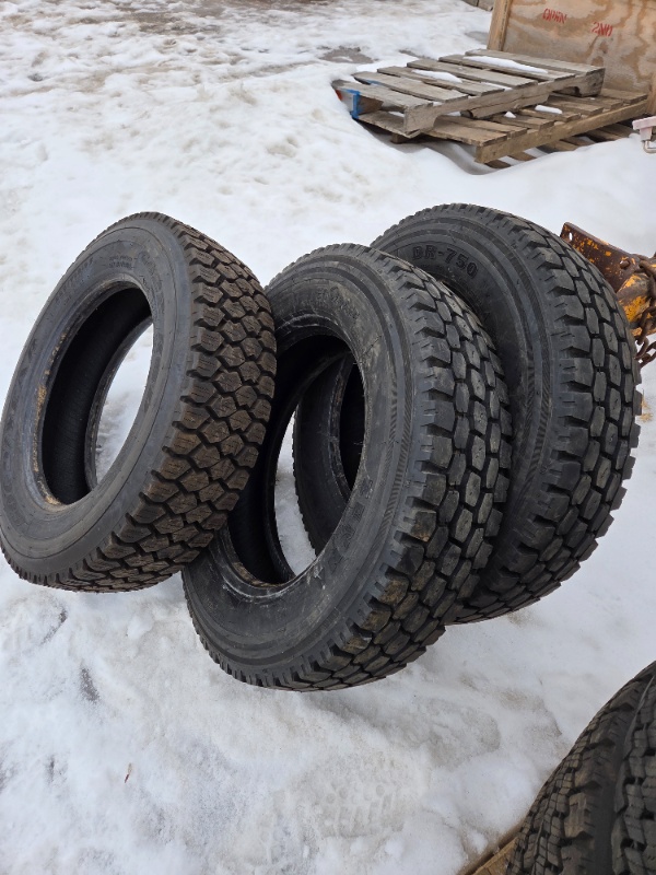 lot 92 image: Set of 7 Heavy Duty Truck Tires 22570R19.5 Michelin and Anna DR-750