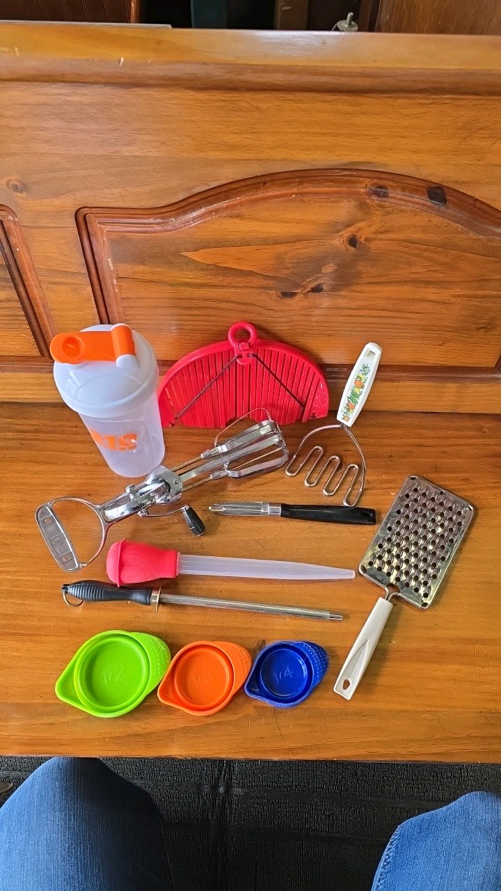 lot 81 image: Kitchen Utinsils- Mixer, Master, Sharpening Steel, Washer, Rubber Measuring Cups, Potato Peeler, Cheese Grater