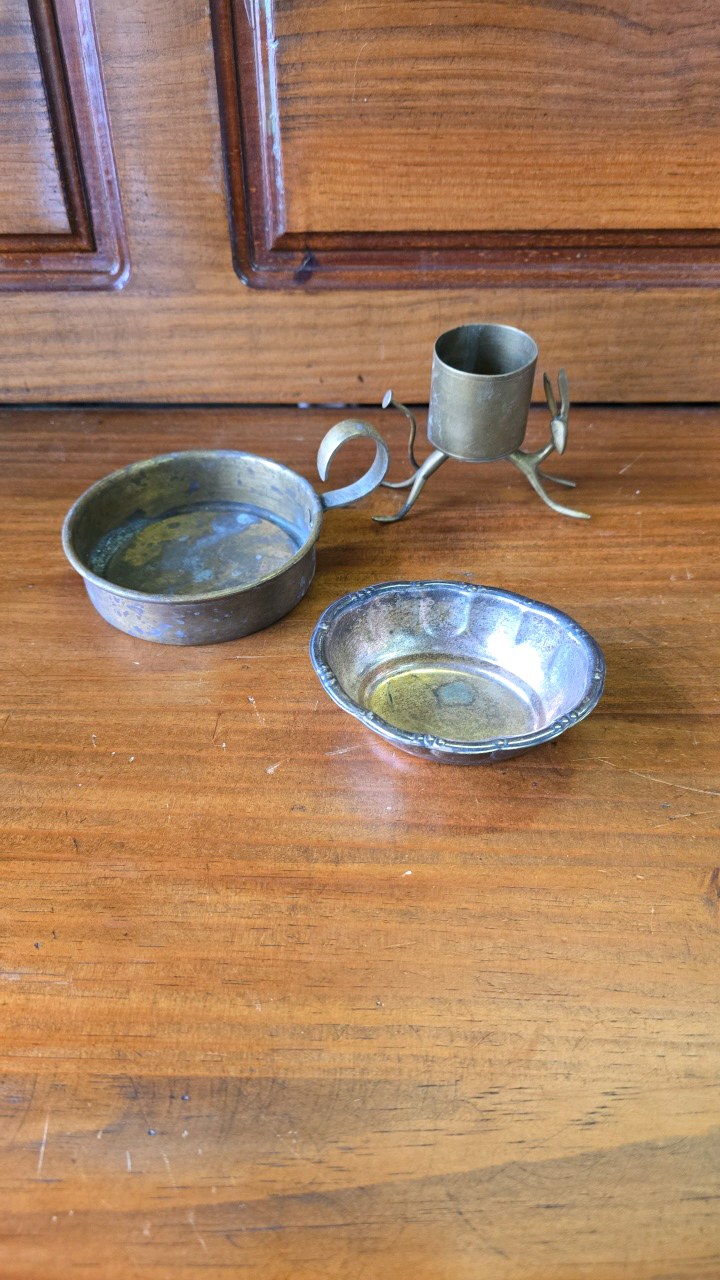 lot 89 image: Brass Rabbit Candle Holder,  Brass Dish, Silver Plated Trinket Dish