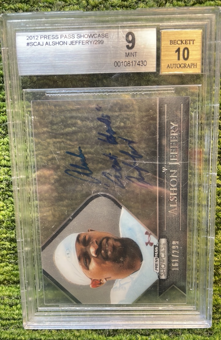 lot 101 image: 2012 Press Pass Showcase ALSHON JEFFERY 299 Beckett graded 9 Mint, Autograph 10