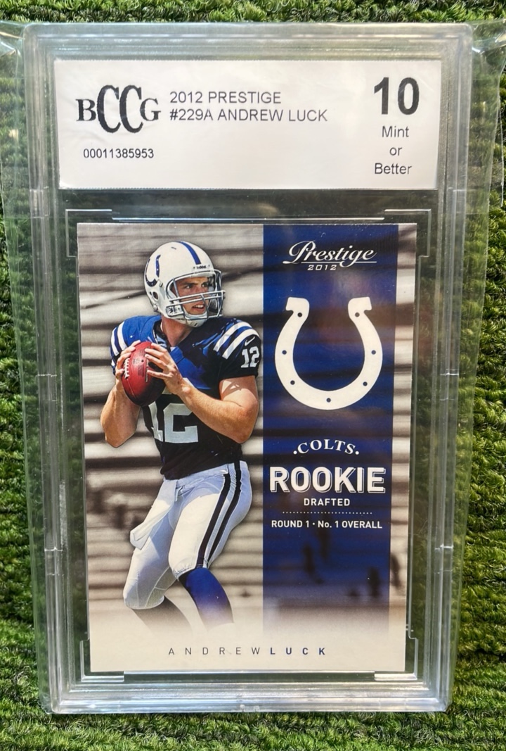 lot 102 image: 2012 Prestige Rookie Drafted Andrew luck BCCG graded 10 Indianapolis Colts