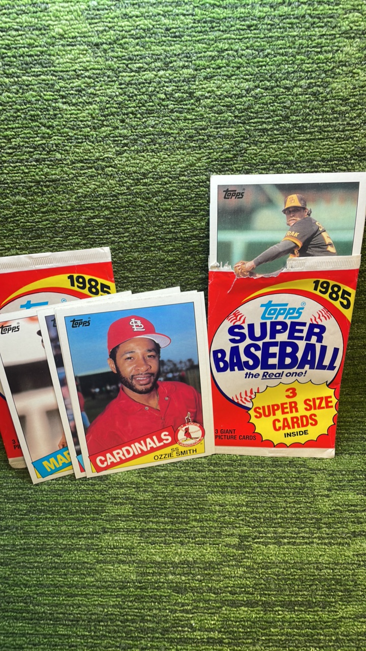 lot 126 image: 1985 Topps Super Baseball OVERSIZED packs, opened seven cards total