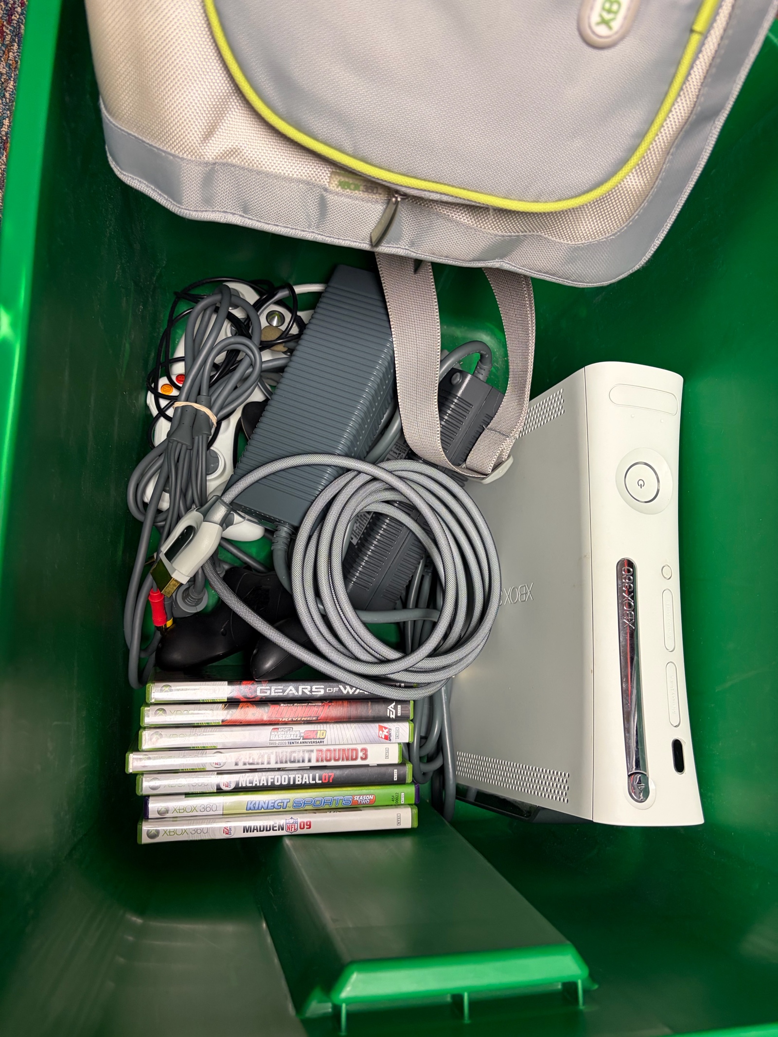 lot 15A image: Xbox 360 Lot with Xbox 360 Carrying Case, 4 Controllers, 7 Games, & Heavy Duty connection Cables It Works