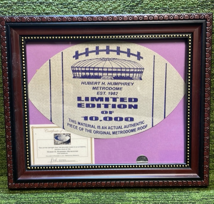 lot 178 image: Hubert H.Humphrey Limited Edition piece of original Metrodome ROOF with Authenticity in Frame