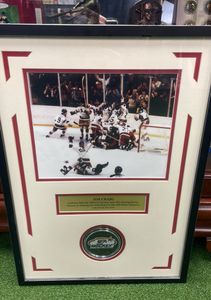Miracle On Ice Jim Craig Commemorative 1980 USA Hockey Team after beating Russia, Autograph Jim Craig Puck and Picture nicely presented in Custom Made Frame