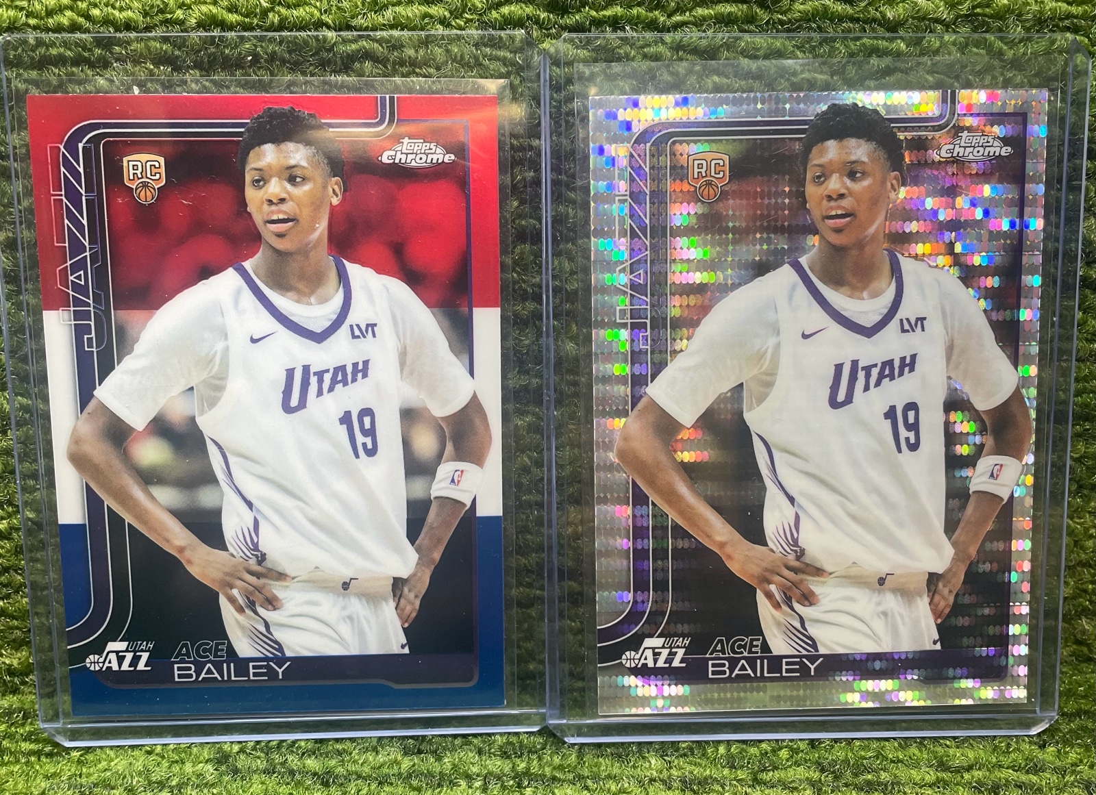 lot 220B image: 202526 Topps Chrome Basketball Ace Bailey Lot, rookie card, RC Red White and Blue Refractor & Pulsar Refractor RC rookie card Utah Jazz