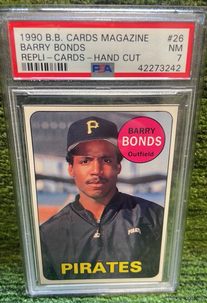 lot 235 image: 1990 B.B Cards Magazine Fair Bonds REPLI  CARDS  HAND  CUT PSA graded 7 Pittsburgh Pirates