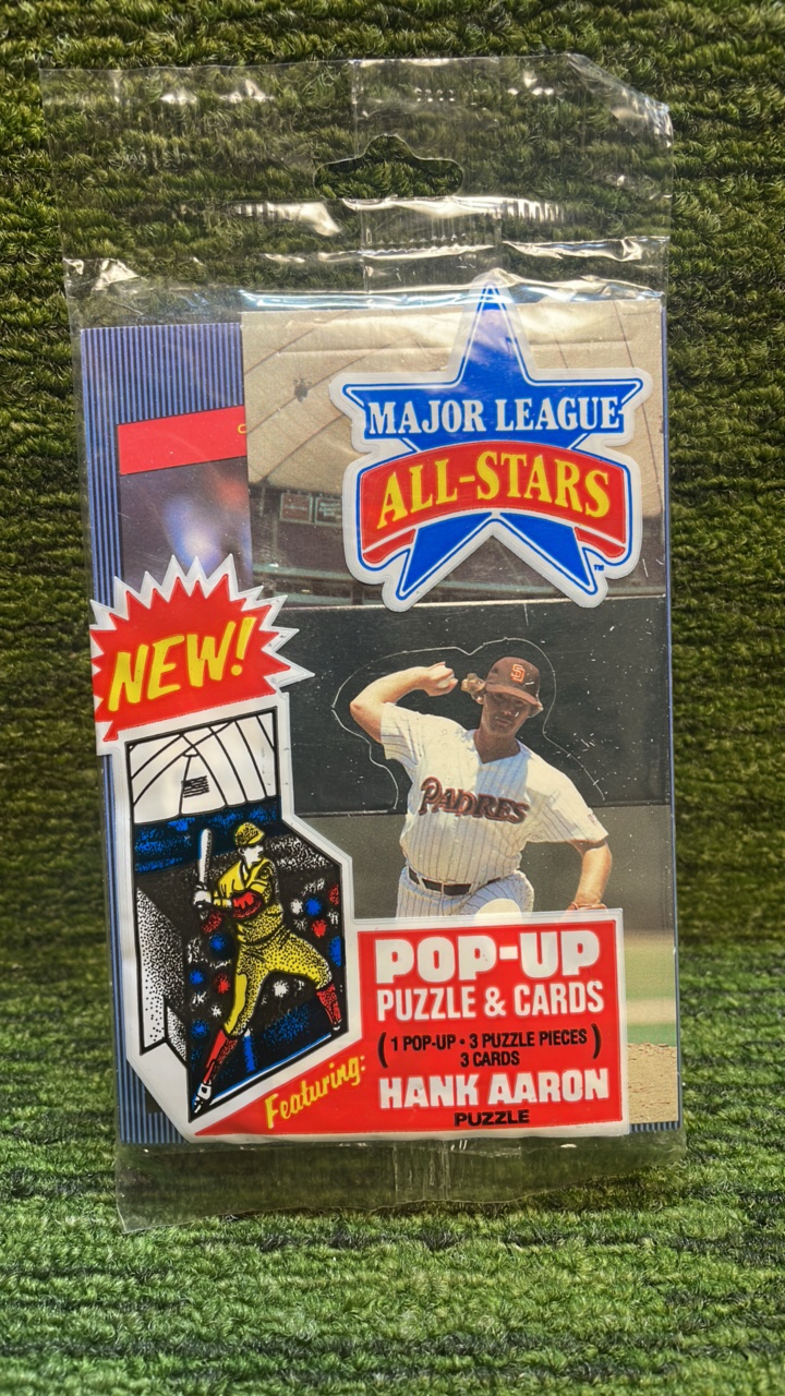 lot 240 image: 1986 Dunruss Sealed Major League All-Stars Pop-up puzzle and cards Hank Aaron puzzle