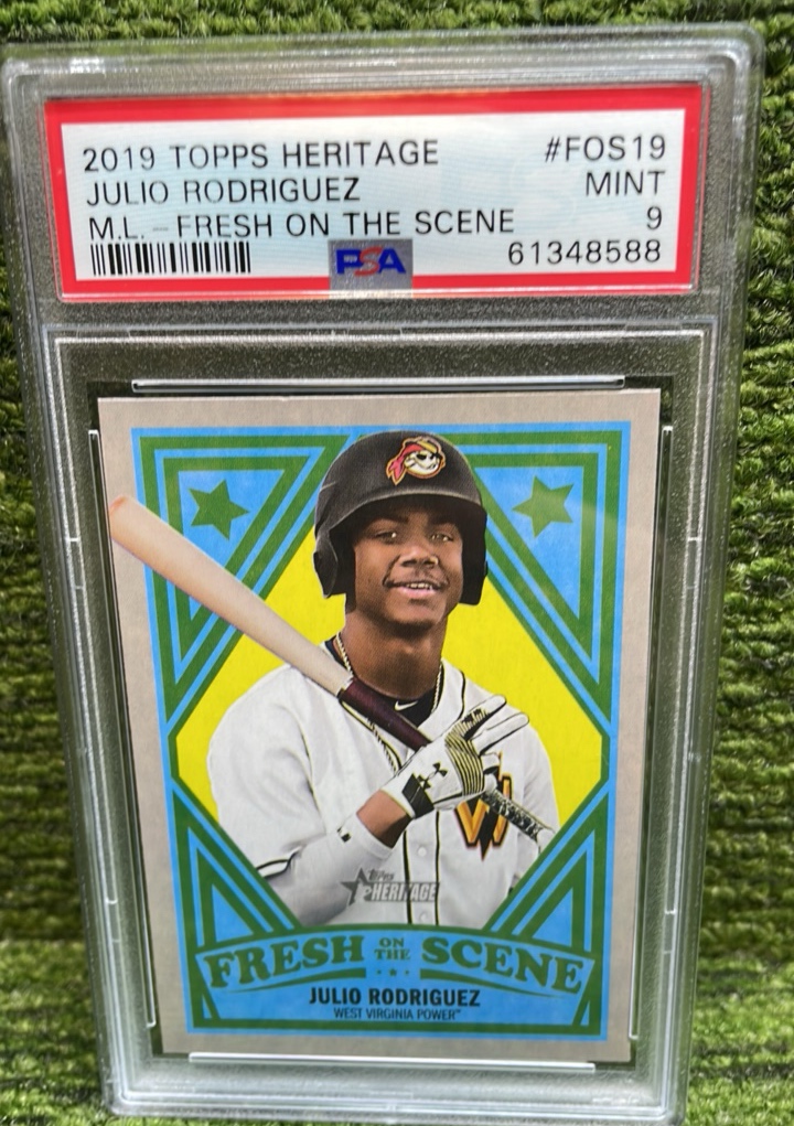 lot 44 image: 2019 Topps Heritage Julio Rodriguez, Fresh on the Scene PSA graded MINT 9