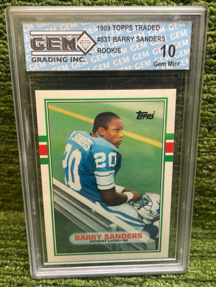 lot 49A image: 1989 Topps Traded BARRY SANDERS Rookie Card RC GEM grading 10 Detroit Lions- Sharp Iconic Card- Beautifully Centered