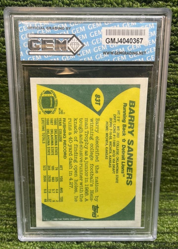 1989 Topps Traded BARRY SANDERS Rookie Card RC GEM grading 10! Detroit Lions- Sharp Iconic Card- Beautifully Centered!