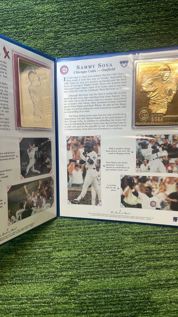 lot 64 image: 1998 Mark Maguire and Sammy Sosa Home Run Record Breaking Year Booklet with two GOLD cards
