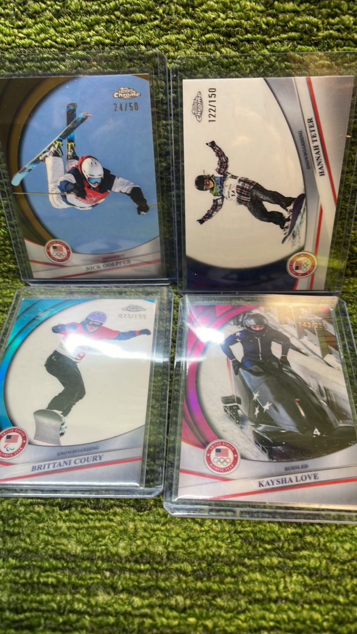 lot 93 image: 2026 Topps Chrome Winter Olympics- Four cards numbered Lot Nick GOEPPER50, Hannah TETER150, BRITTAN COU 199, KAYS L 250 team, USA