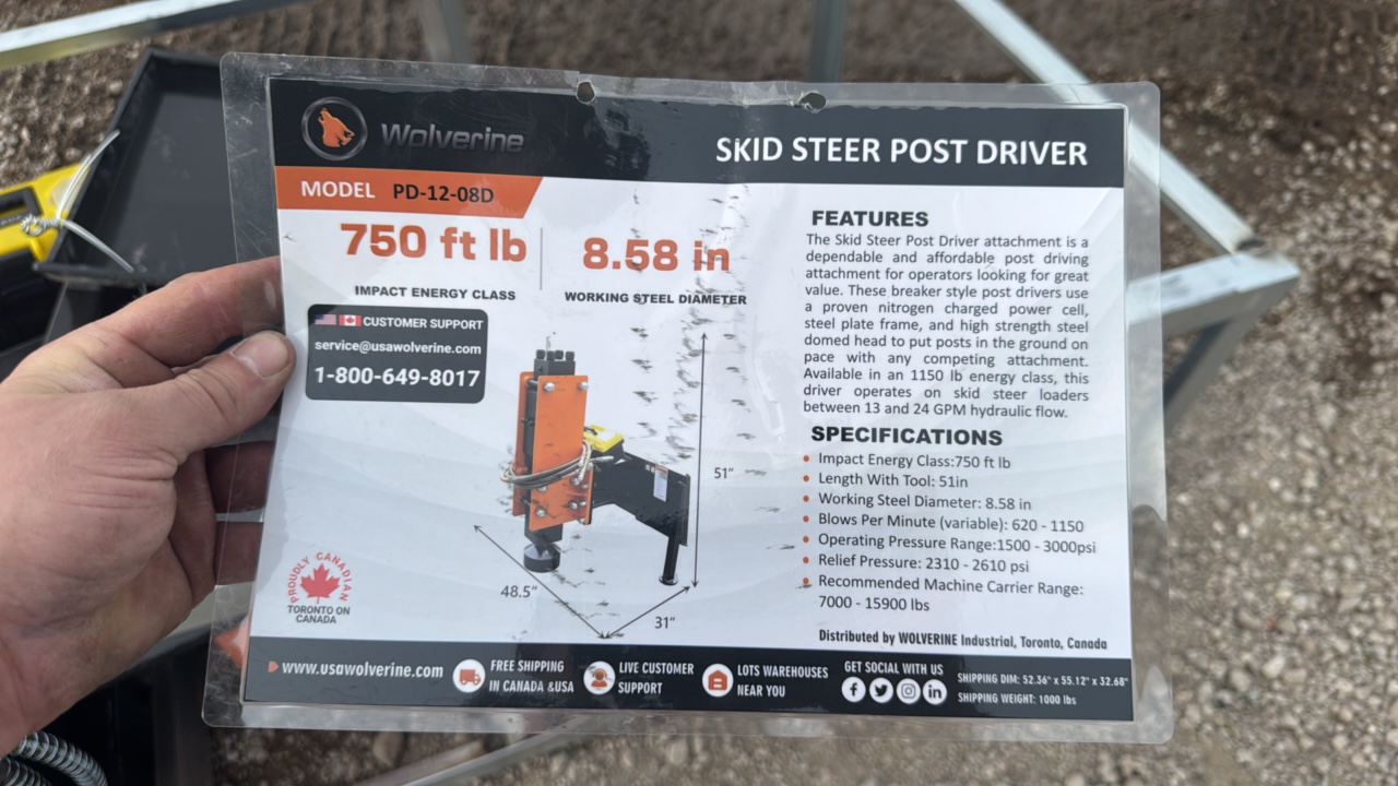 Skid Steer Post Driver WOLVERINE 2026 Unused PD-12-08D