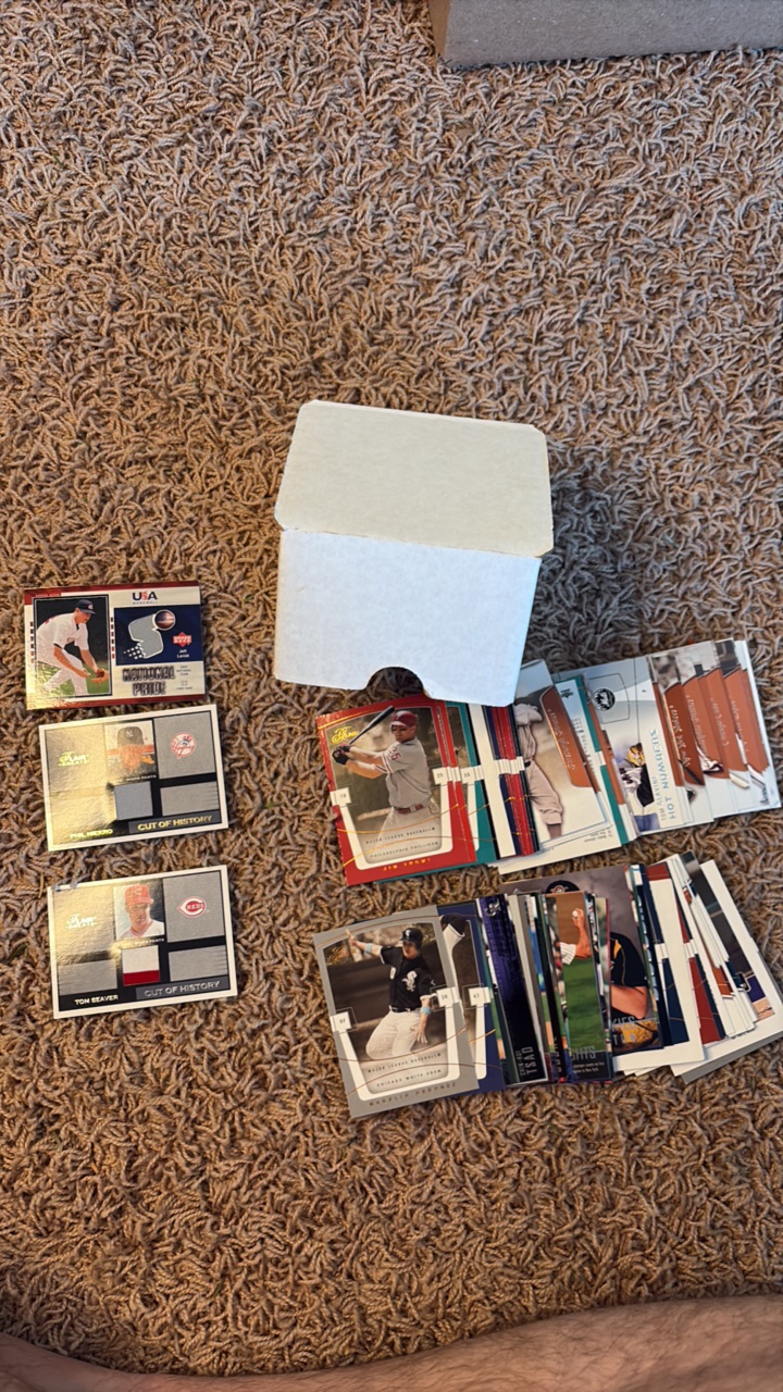 Small Box of Baseball Cards, Three Game Used Jersey Cards and Dozens of Other Stars and Commons