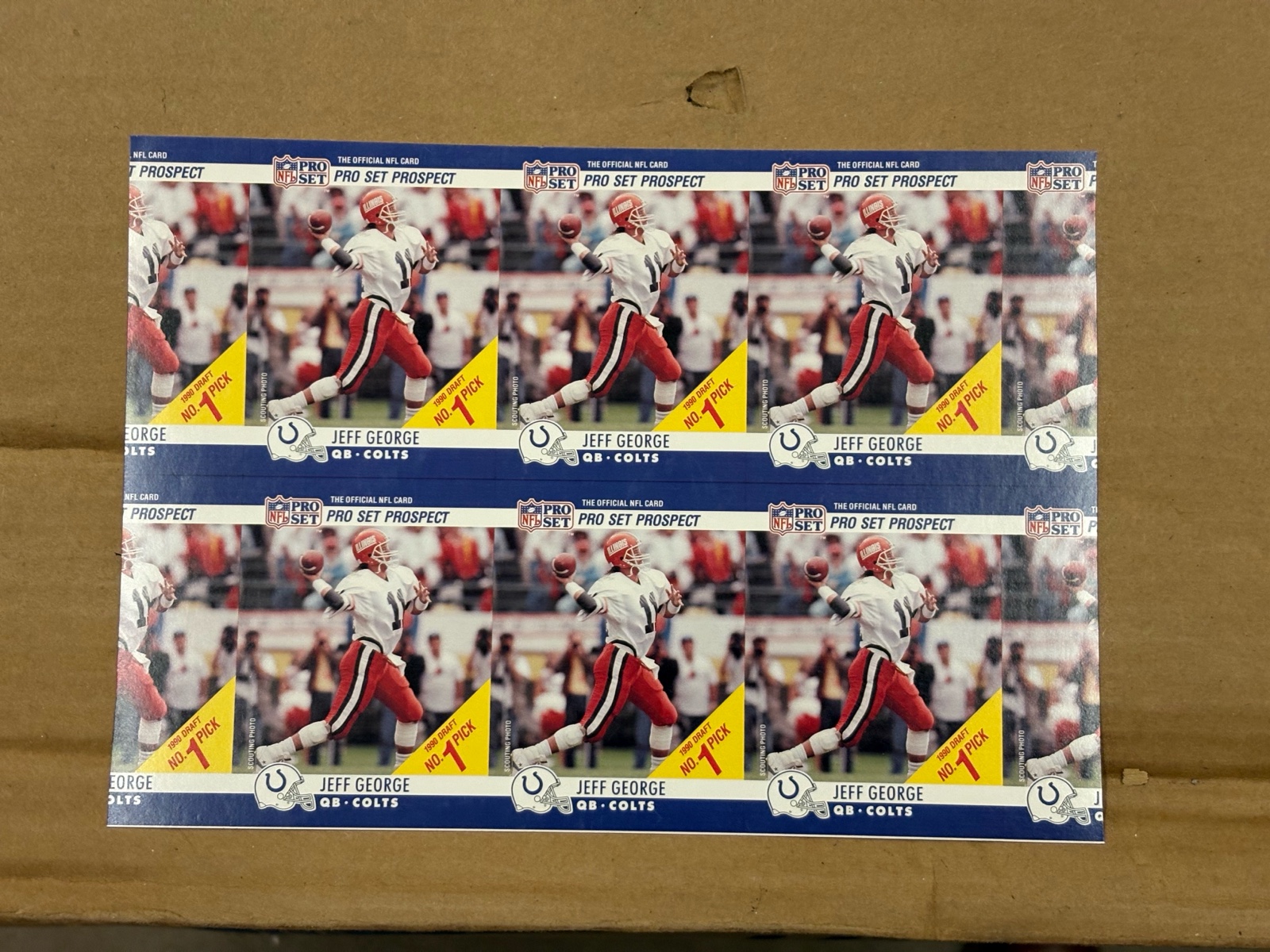 1990 Pro Set Jeff George 1st Overall Draft Pick Rookie Uncut Sheet of Cards RARE NFL