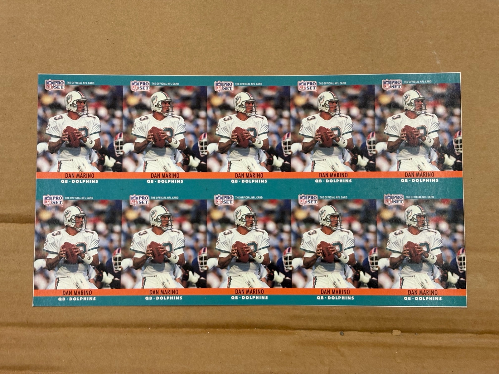 1990 Pro Set Dan Marino Uncut Sheet of Cards RARE NFL (DIFFERENT PLAYER ON BACK)