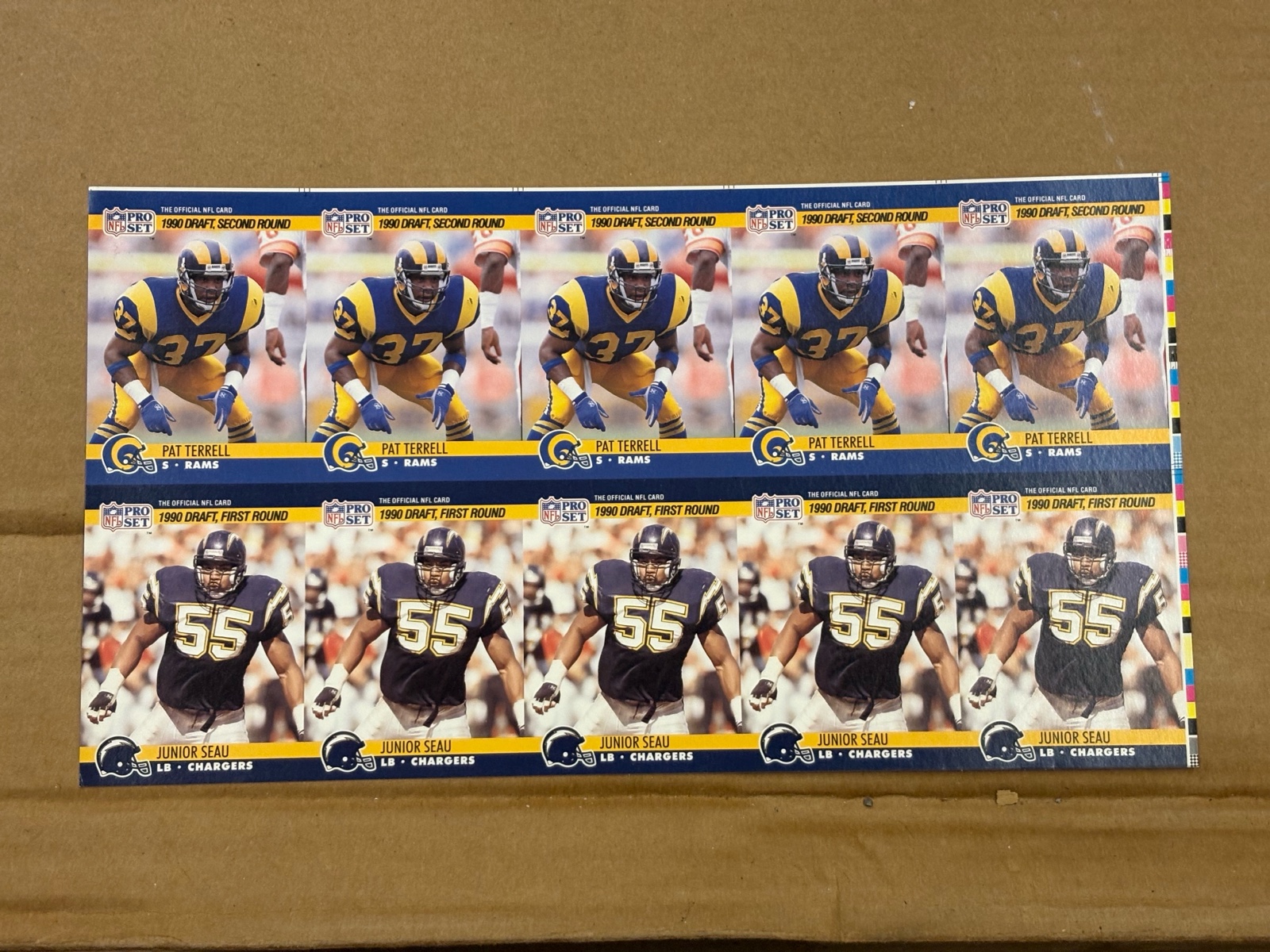 1990 Pro Set Junior Seau and Pat Terrell Rookie Cards Uncut Sheet of Cards RARE NFL