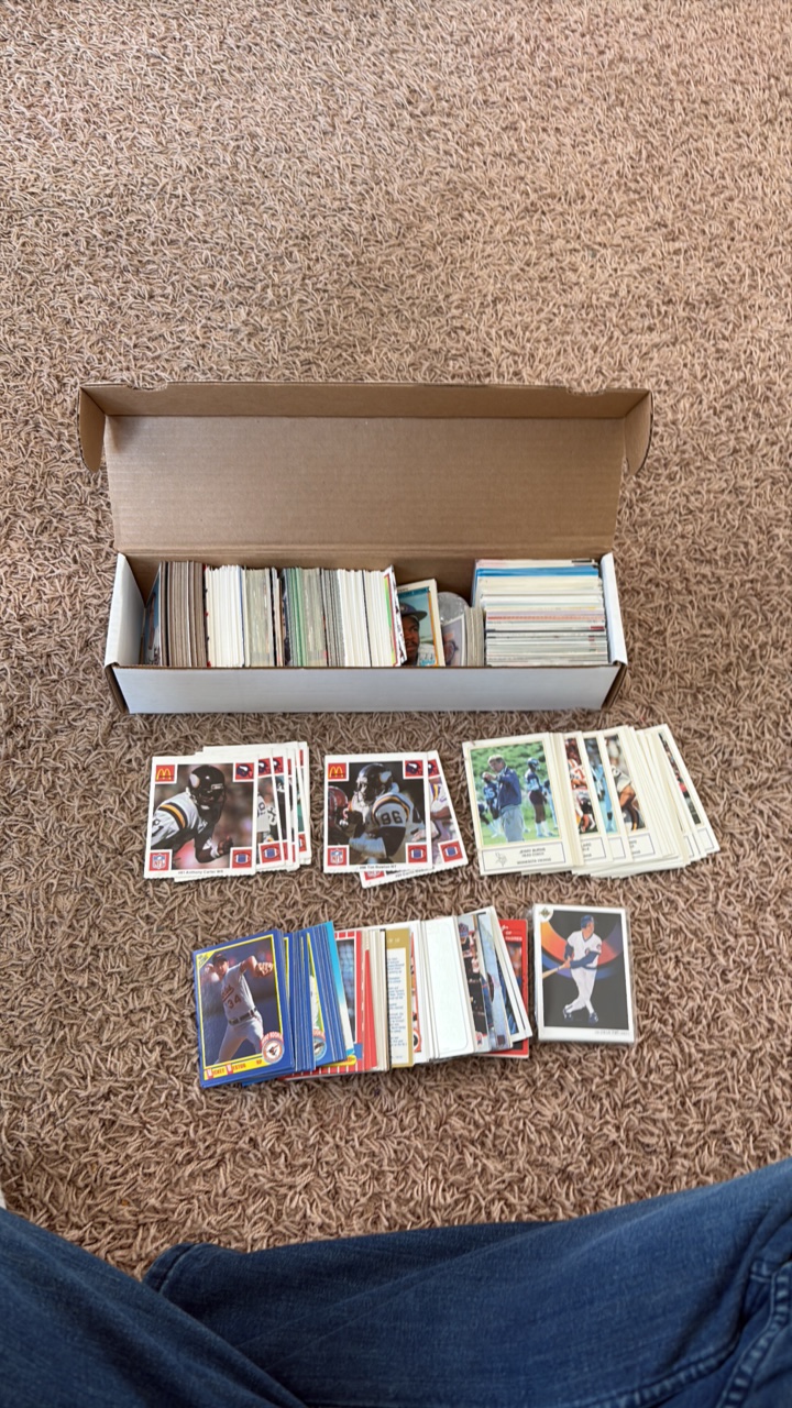 Box of Baseball and Football Cards, Includes Vintage Oversized Vikings Cards and Vikings McDonalds Cards