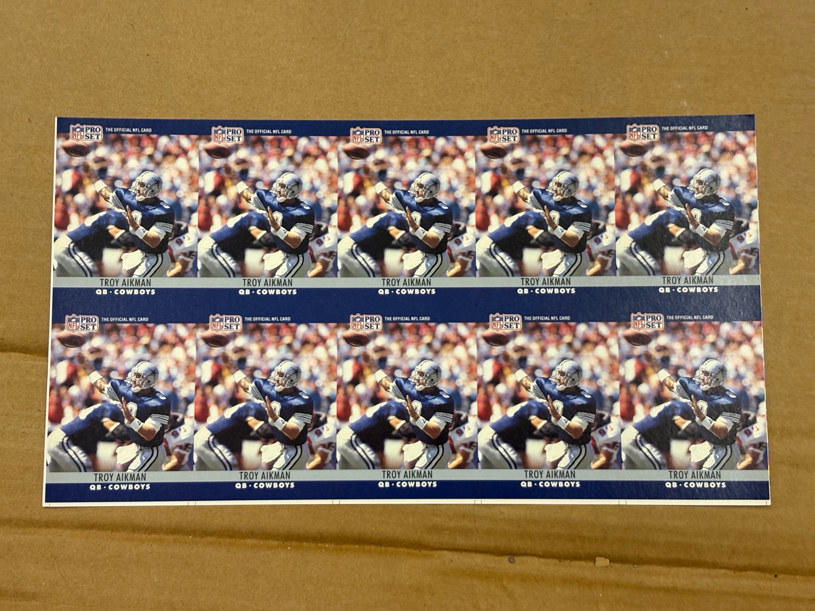 1990 Pro Set Uncut Sheet of Troy Aikman NFL Trading Cards Dallas Cowboys and NFL Hall of Famer RARE