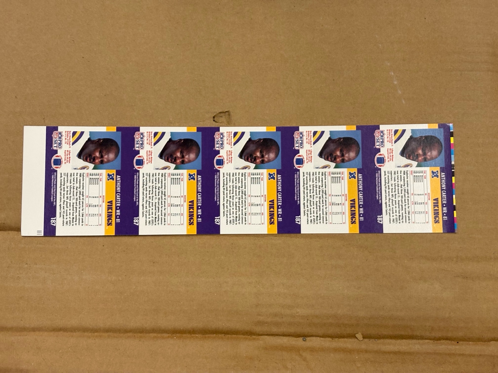 1990 Pro Set Anthony Carter Uncut Sheet of NFL Cards RARE Collectible Vikings Legend