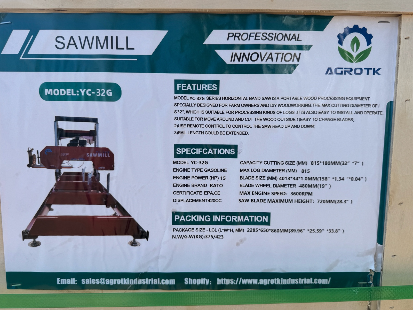 lot 21 image: Portable Sawmill - AGT - 2026 - Unused - YC-32G