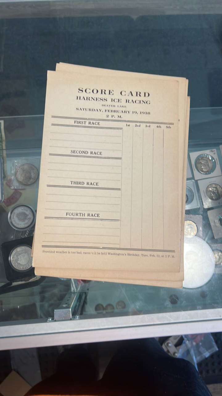 lot 123 image: 1938 beaver lake ice racing score cards