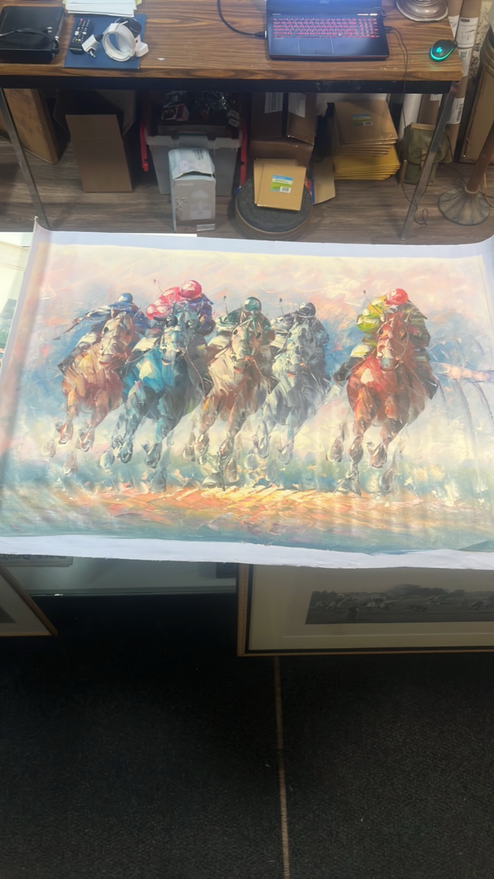 lot 24 image: horse racing oil painting