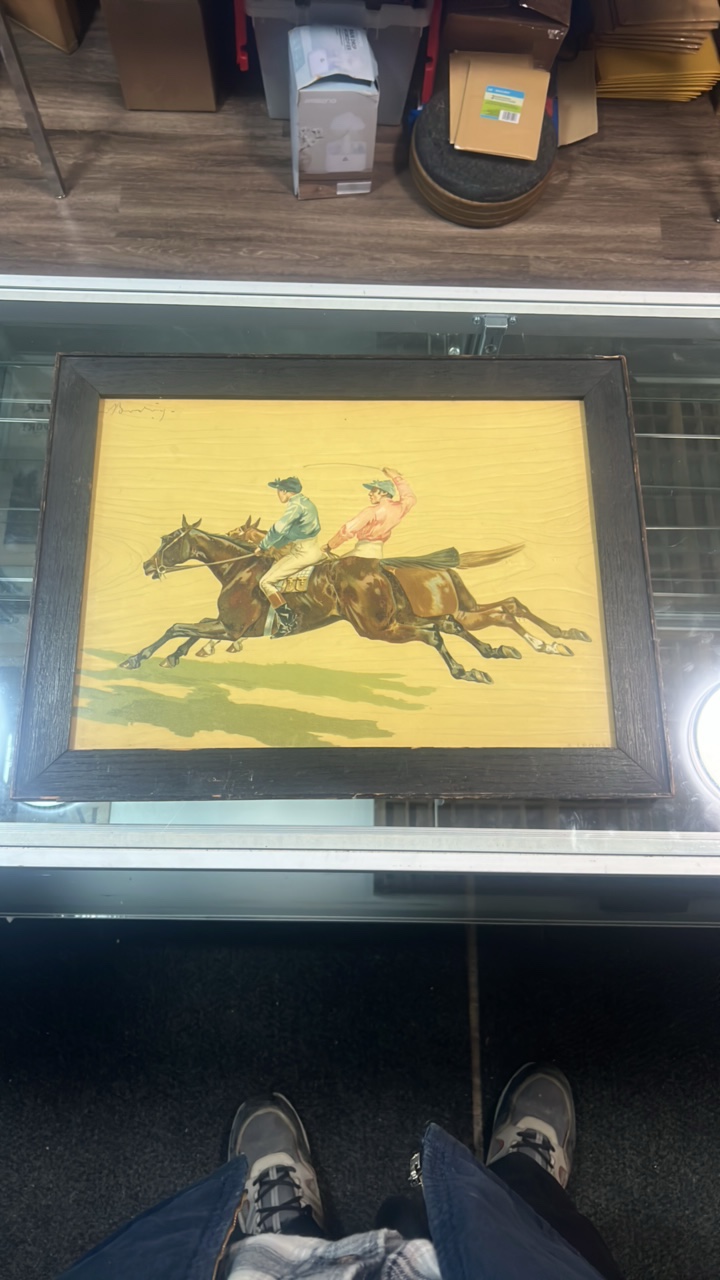 lot 38 image: horse racing painting on plywood