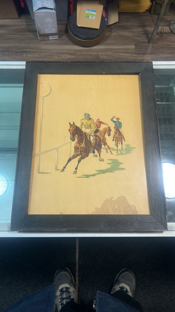 lot 39 image: horse racing painting on plywood