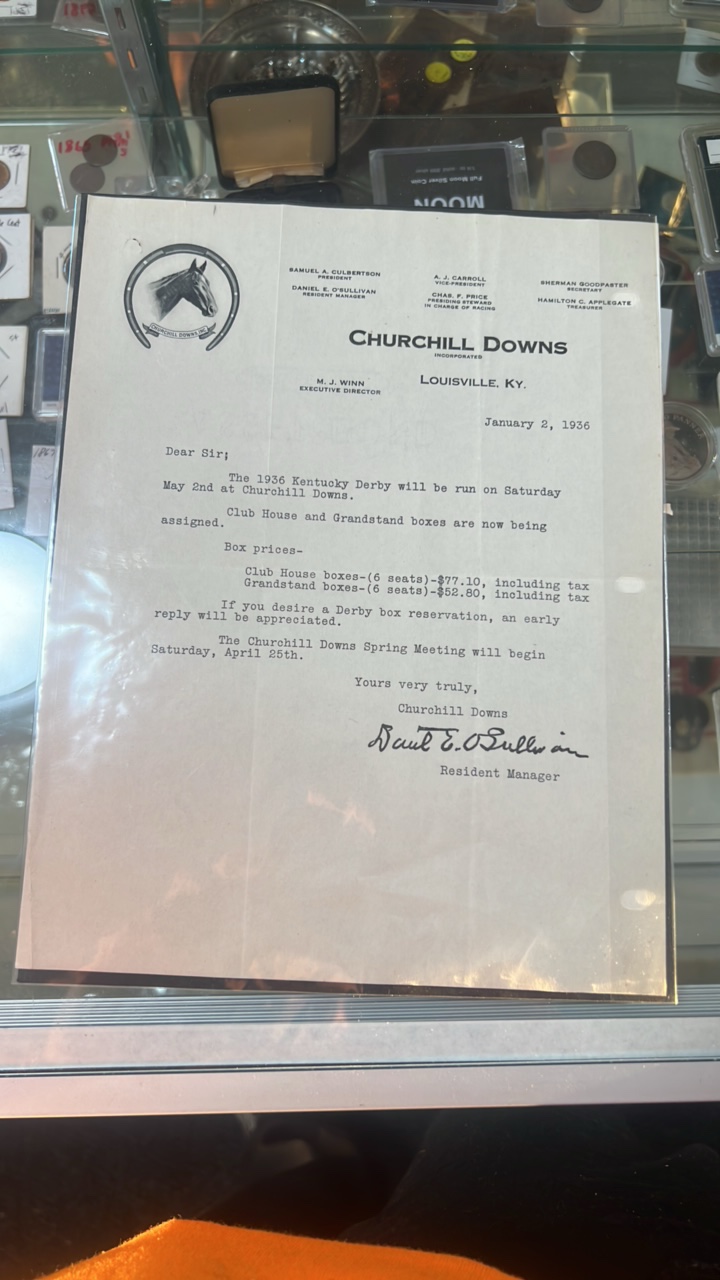 lot 50-1 image: 1936 letter from Churchill downs